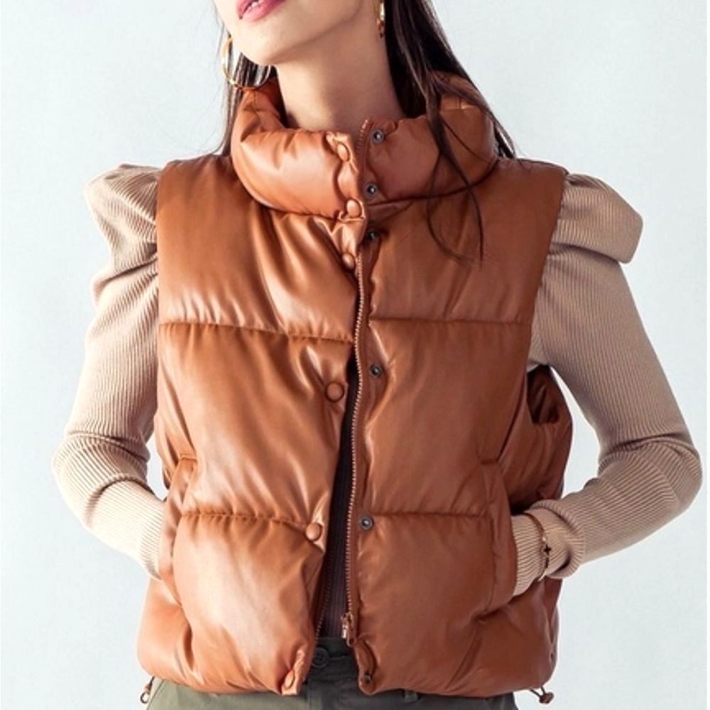 Y2K Fall Faux Leather Crop Puffer Cognac Vest pockets sz L cabincore